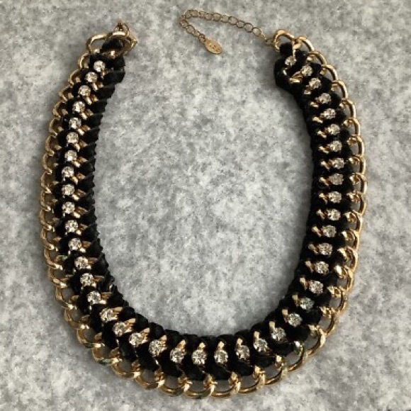 Aldo Collar Costume 16 Black Clear Rhinestone Gold Tone Lobster Clasp Necklace